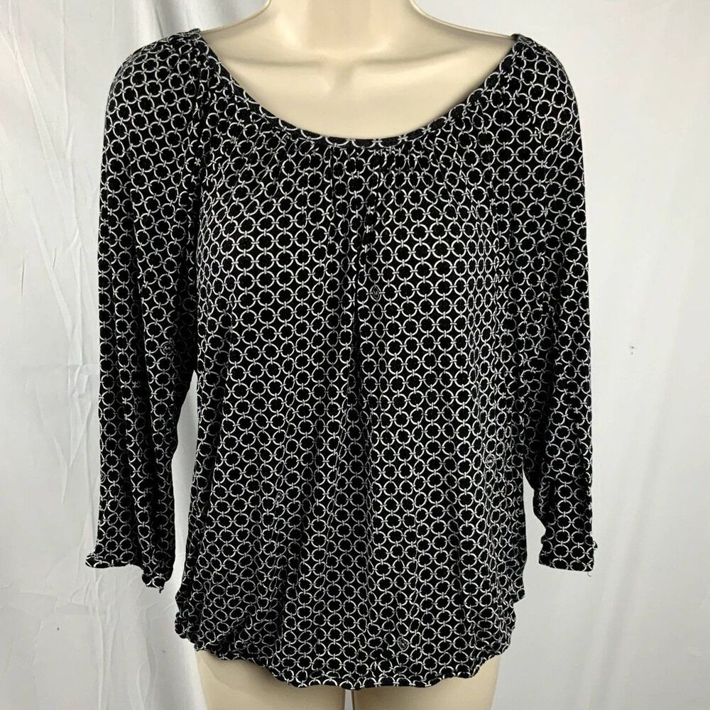 Michael Kors Black/White Bell Sleeve Boatneck Top Size Medium